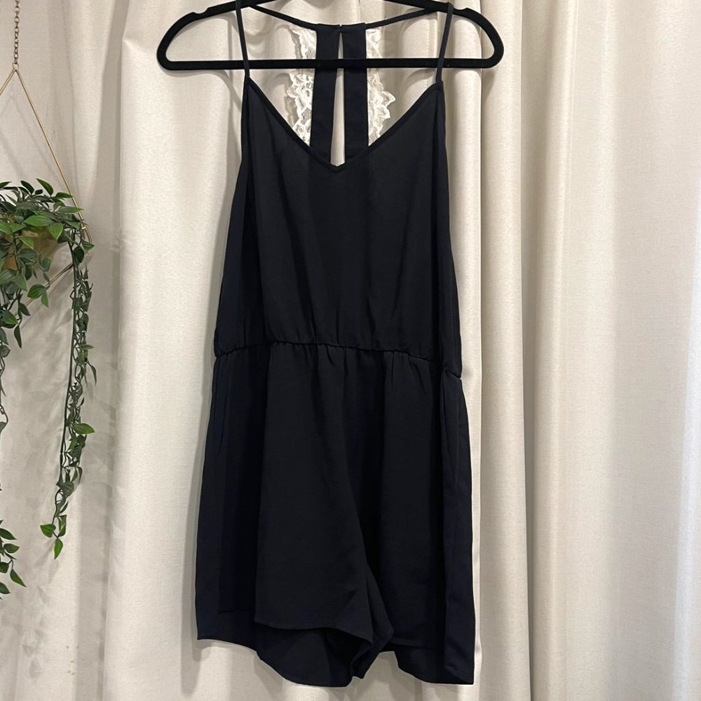 Navy Blue Romper with Lace Trim Back Detail